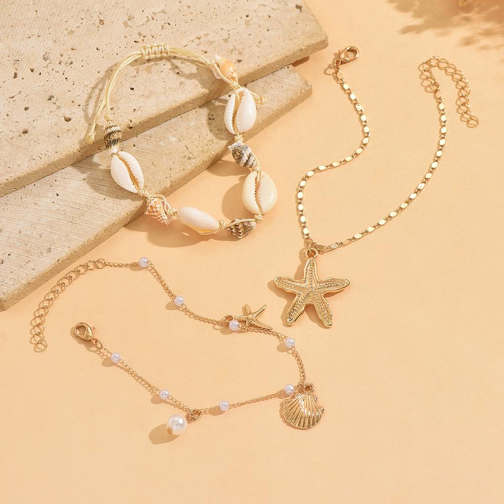 Bohemian Zinc Alloy Shell Waterproof Anklets Gold Plated 3pcs/set Sea Star Shell Conch Foot Chain for Summer Beach Women
