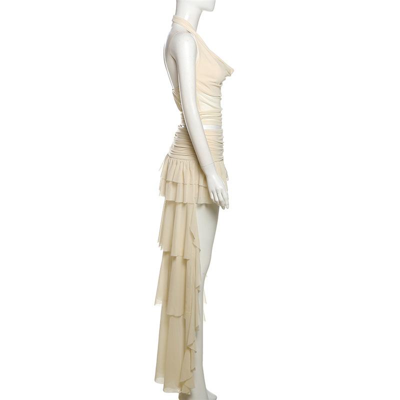 Women's Solid Color Halter Crop Top & Low Waist Ruffle Maxi Skirt Set, Two Piece Party Outfit