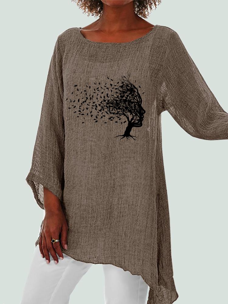 

Женские модные тонкие блузки с принтом 3/4, весна-лето, хлопковый льняной топ с длинными рукавами, женский повседневный свободный воротник с круглым вырезом, рубашка с неровным подолом XXL хаки