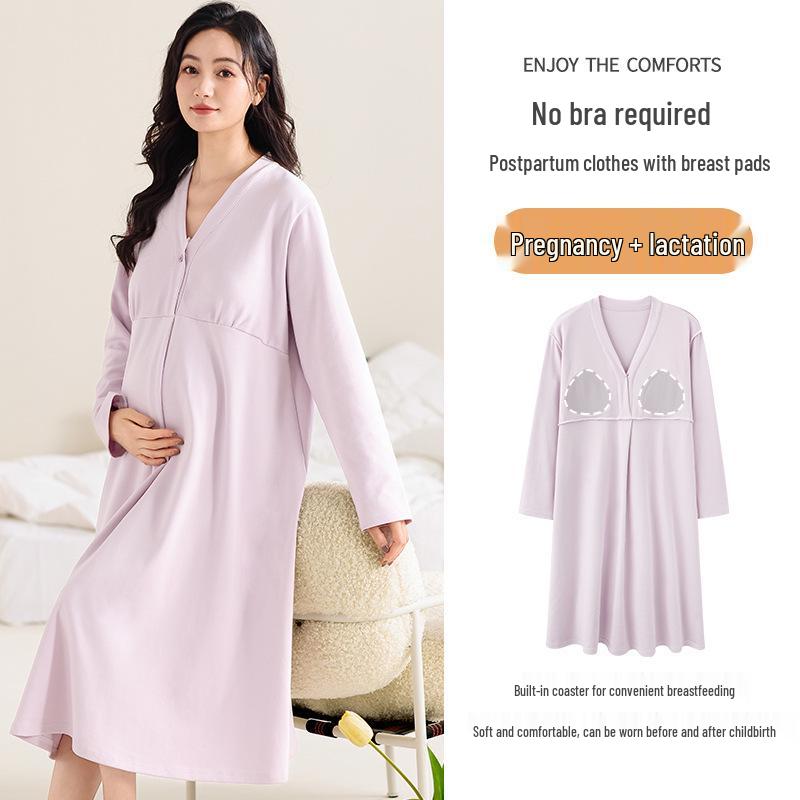 Bavlnová těhotenská noční košile s prsními vložkami pro předporodní a poporodní kojení, jarní/podzimní nošení
