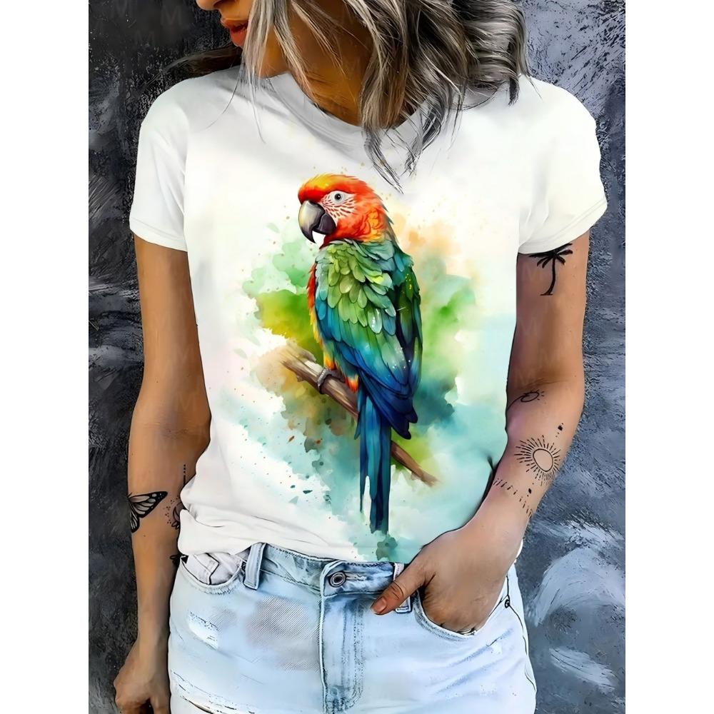 2026 Summer Fashion 3D Parrot Print Women T-Shirts Casual O-Neck Short Sleeve Tees Animal Print Trend Daily Wear Female Clothing