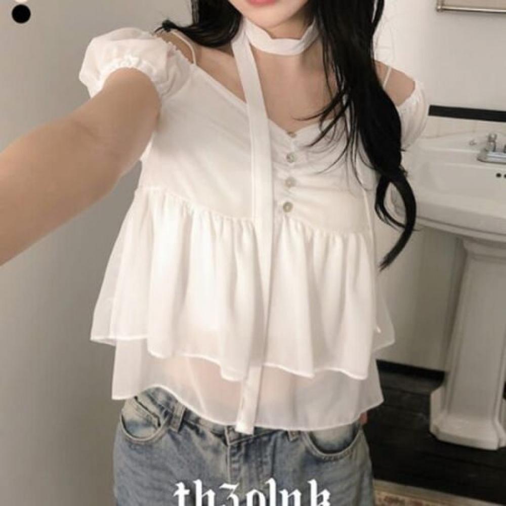 The Pink Women S Chiffon Shirring Short Sleeve blouSe + Tie Muffler