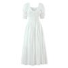 Wood Ruched Chest Bow U Collar Puff Sleeve Dress Elastic High Waist Pleated Swing Midi Long Dresses Holiday Vestidos