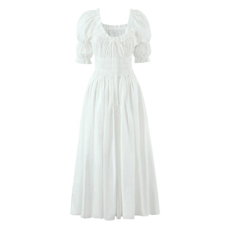Wood Ruched Chest Bow U Collar Puff Sleeve Dress Elastic High Waist Pleated Swing Midi Long Dresses Holiday Vestidos