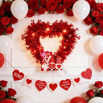 Prelit Valentine's Day Heart Shaped Wreath with String Light Red Tinsel Wreath with Foil Hearts for Wedding Anniversary Front Door Wall Decor