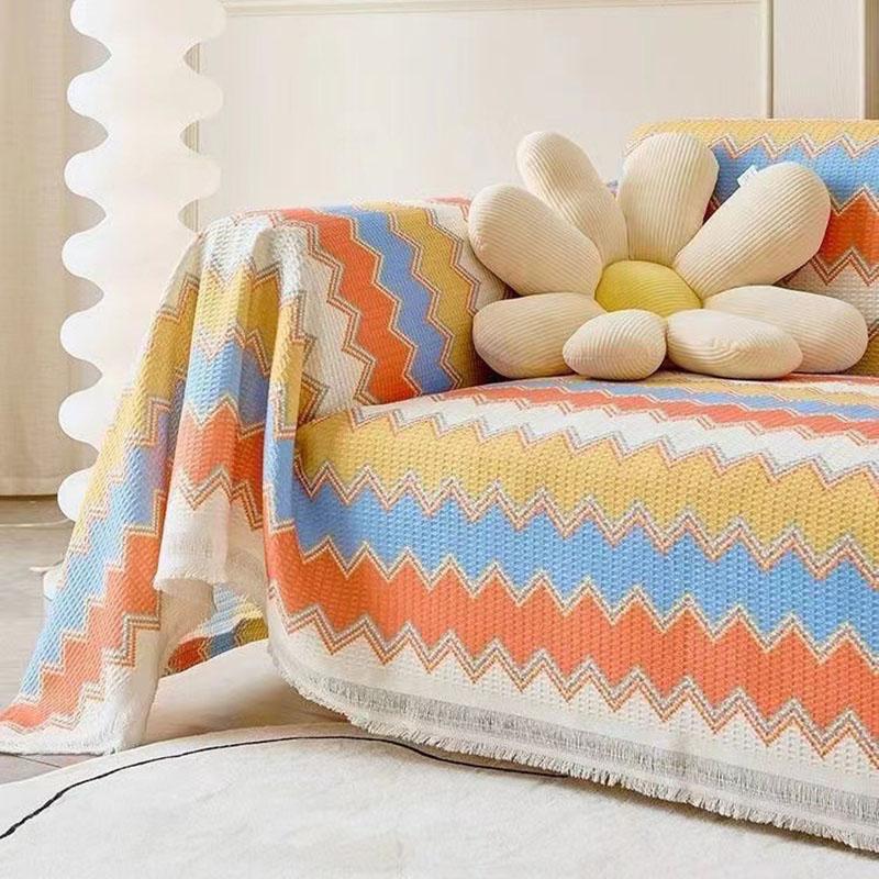 Böhmisches Gestreiftes Bedrucktes Sofa Handtuch Elegante Vollständige Abdeckung Couch Überwurf mit Quasten Haustierfreundliches Armlehnenhandtuch für Alle Jahreszeiten