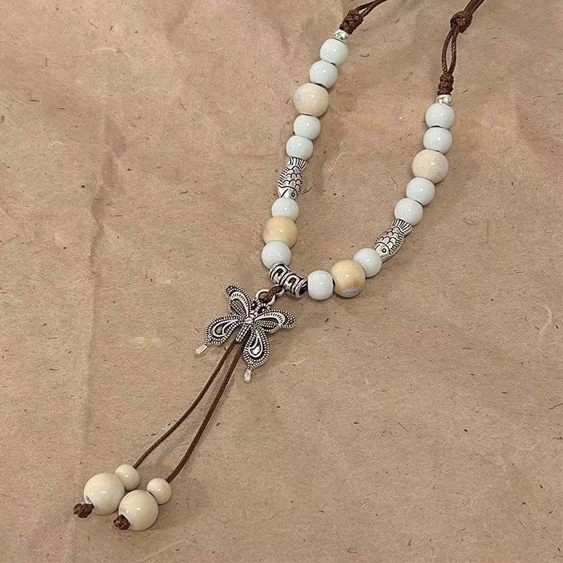 Color Beaded Ceramic Butterfly Braided Rope Necklace New Chinese National Ancient Style Accessories Light Luxury High-end Collarbone Chain