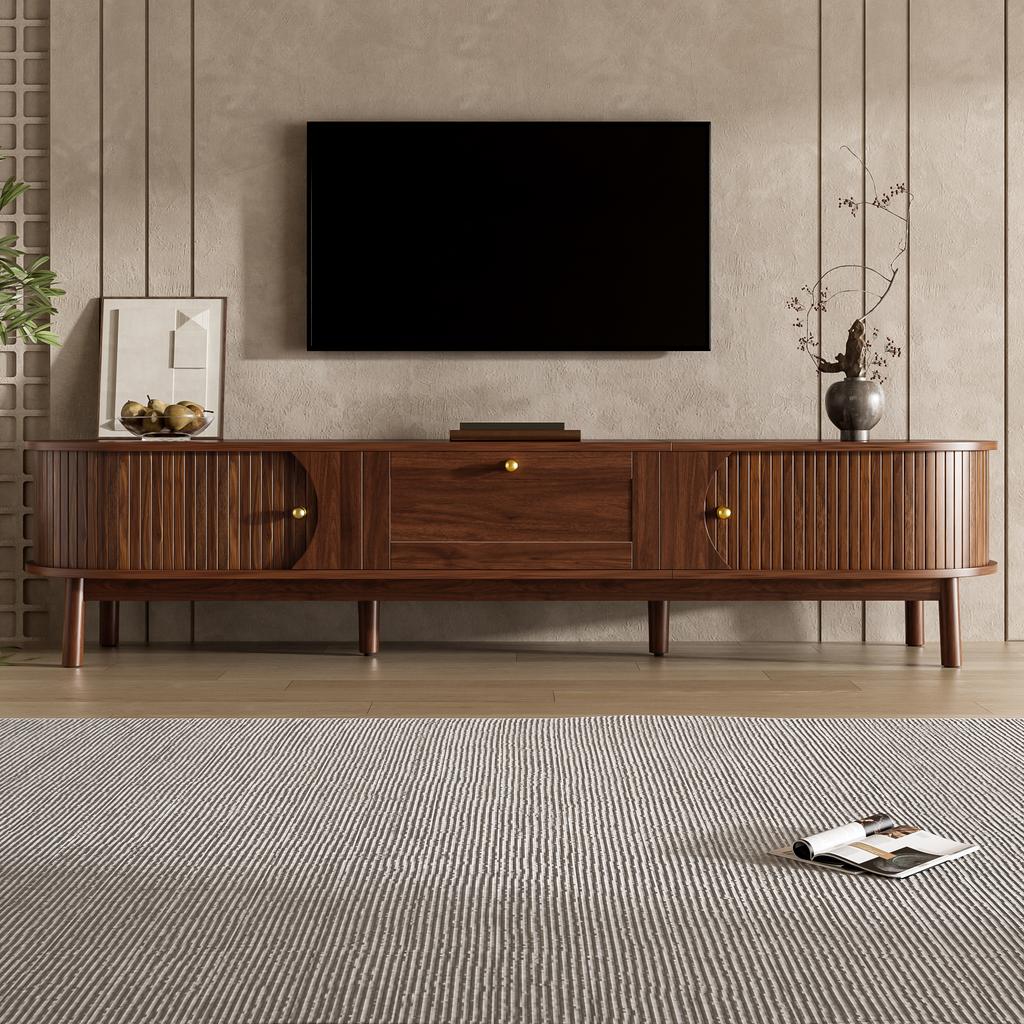 Modern TV Stand made of Solid Wood with Drawers, Classic Rounded Corners, Sturdy Wooden Legs, TV Stand with Storage Space for the Living Room.