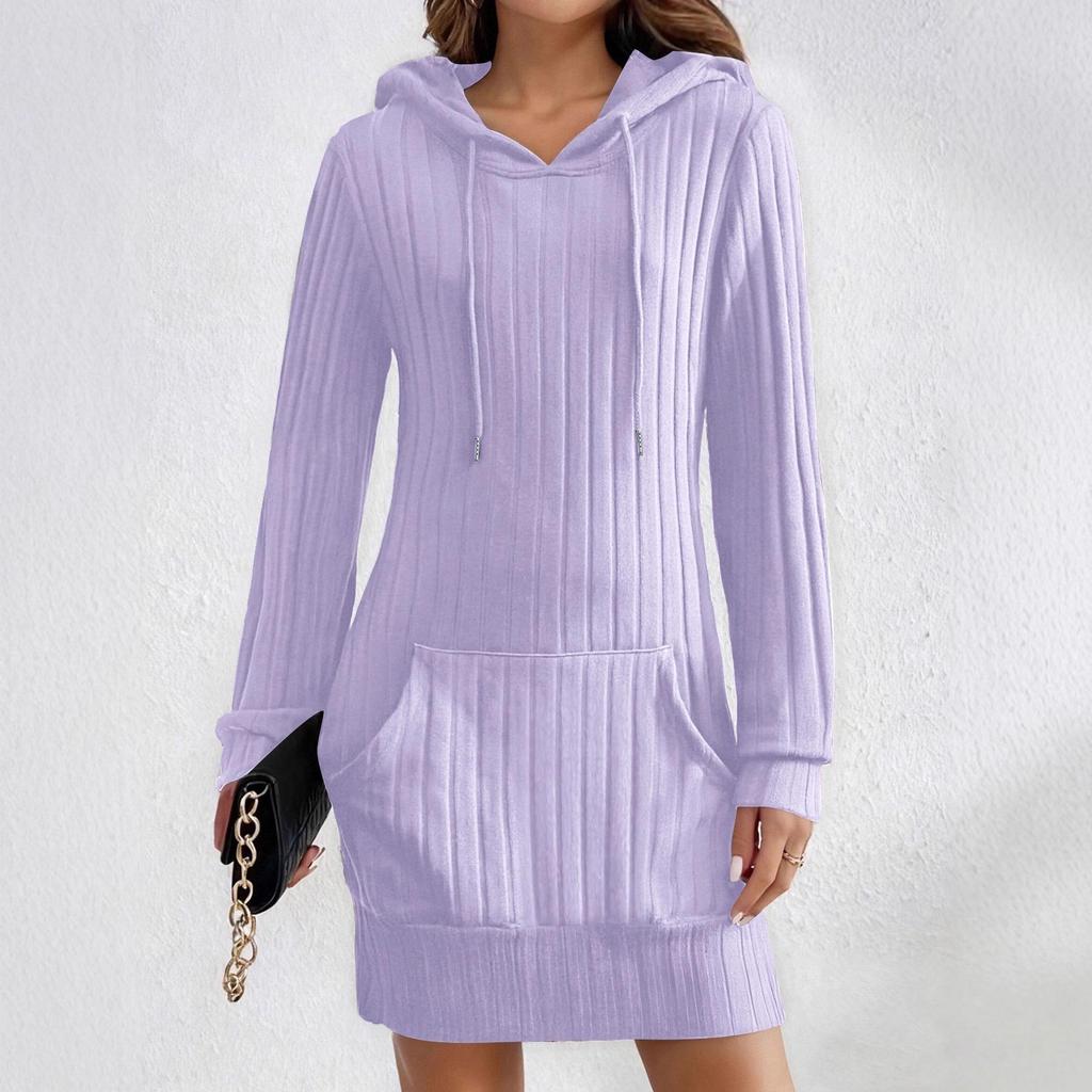 2025 Autumn/Winter Knit Hooded Ribbed Pocket Long Sleeve Dress for Women