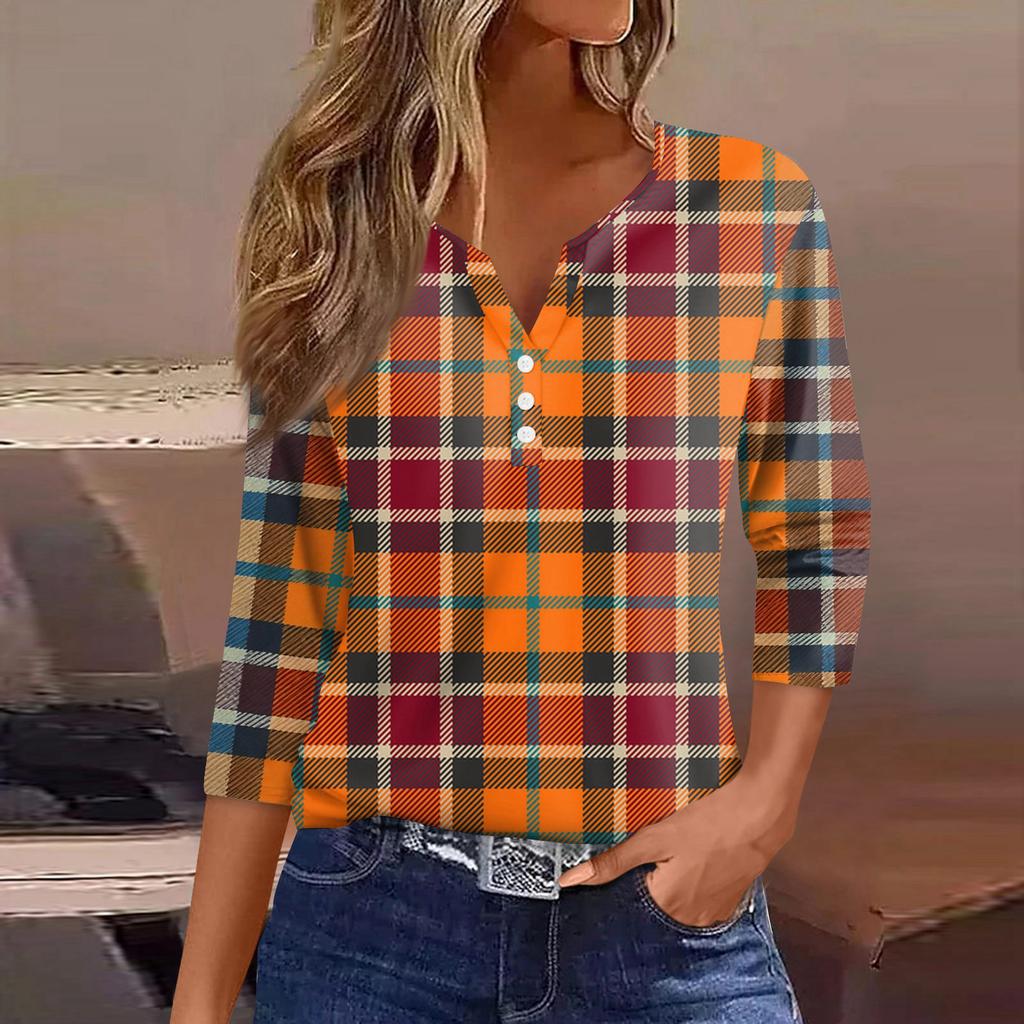 Women's T Shirt Tee Printed Button 3/4 Sleeve Tunic Daily Weekend Fashion Basic V- Neck Regular Top