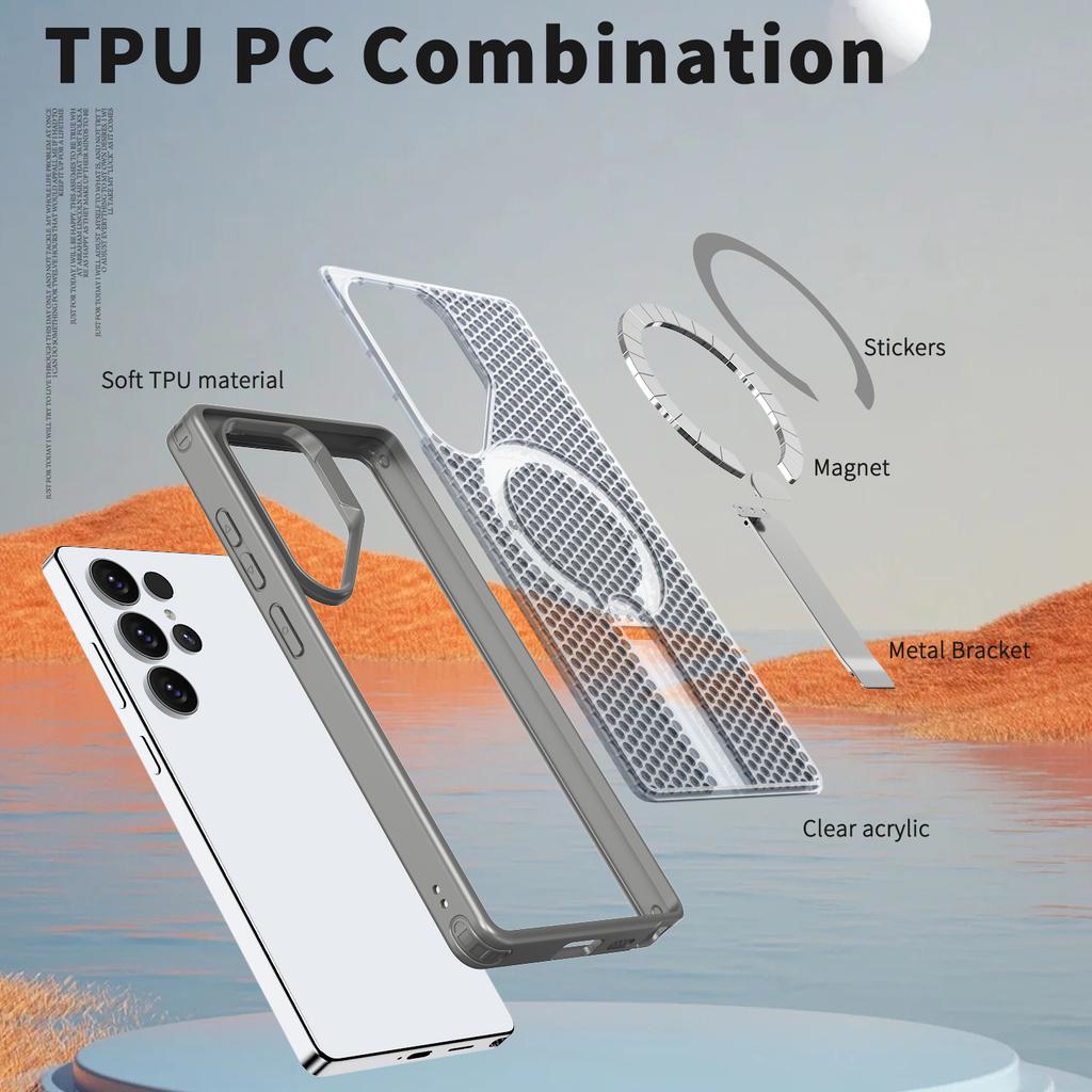 For Samsung Galaxy S25 Ultra Magnetic Case Kickstand Grid Texture TPU PC Phone Back Cover