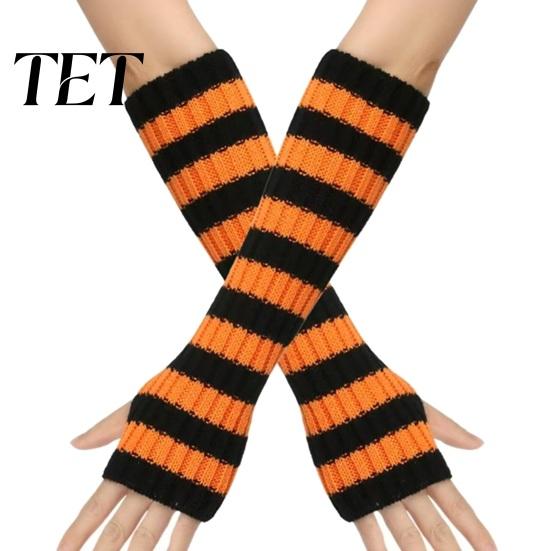 Stylish Half Finger Gloves Striped Knitted Arm Warmers for Women, Fingerless Sleeves, Soft Winter Daily Commuting Gear Thermal Wrist Autumn