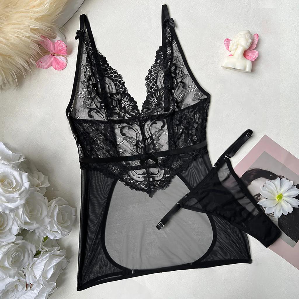 Womens S Sexy Lingerie Sets Lace Embroidery See Through Erotic Underwear Sexy Seductive Babydolls Clubwear Sheer Dress Thongs