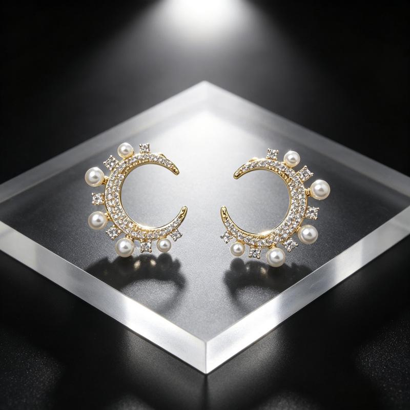 Elegant Crescent Moon and Pearl Diamond Stud Earrings for Women