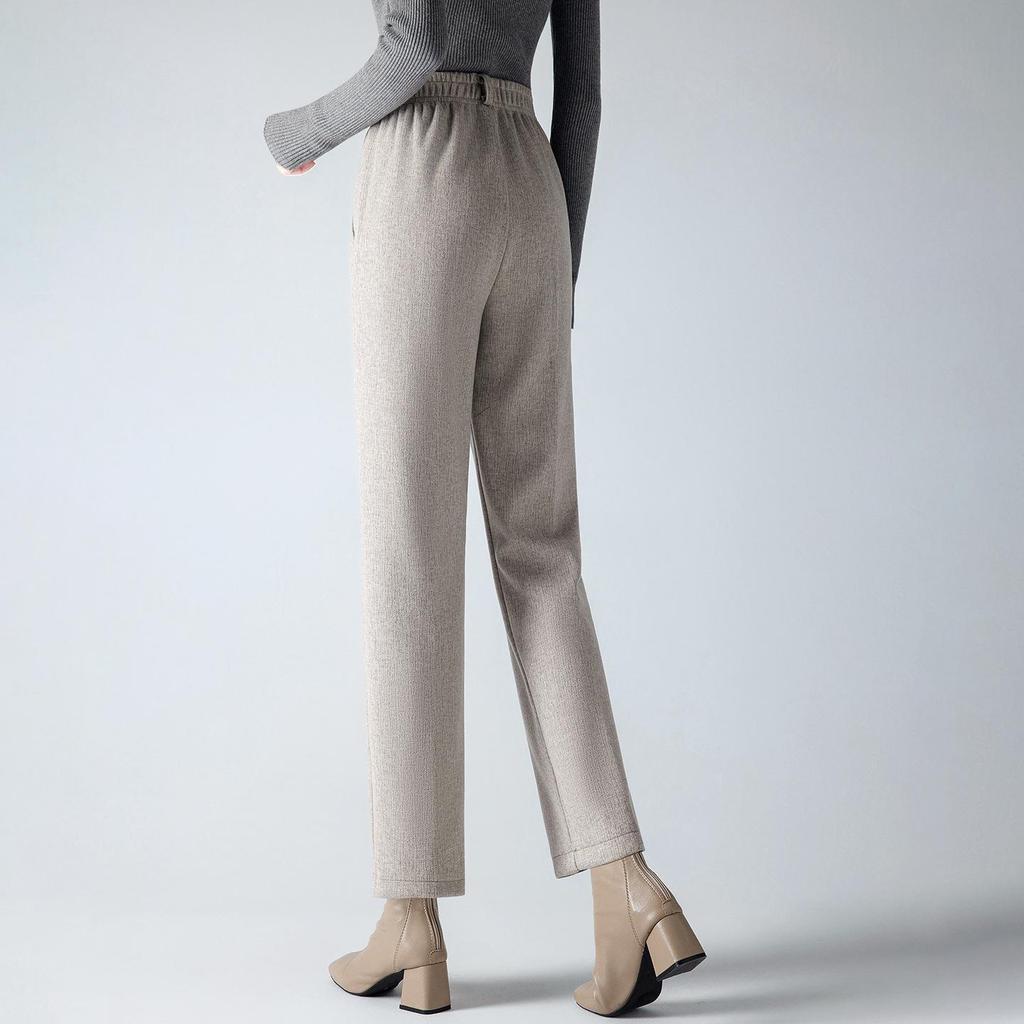 Damskie spodnie z wysokim stanem i podszewką z polaru 2025 - Wiosna/Jesień, Grube wełniane z prostymi nogawkami dla osób w średnim wieku i starszych