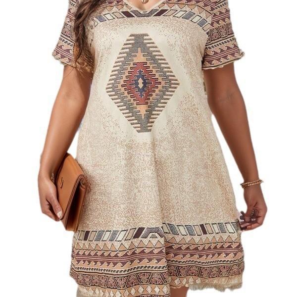 2024 Ethnic Style Women's V-Neck Loose Casual Printed Short-Sleeve Dress