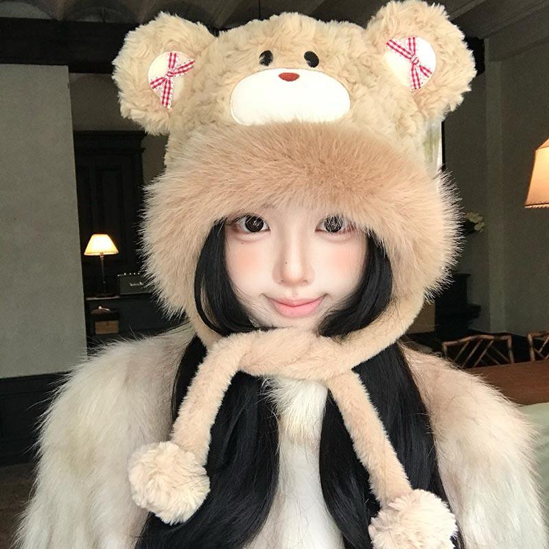 Sweet and Cute Furry Bow Bear Lei Feng Hat Winter Women's Versatile Face Small Cold Warm Hat