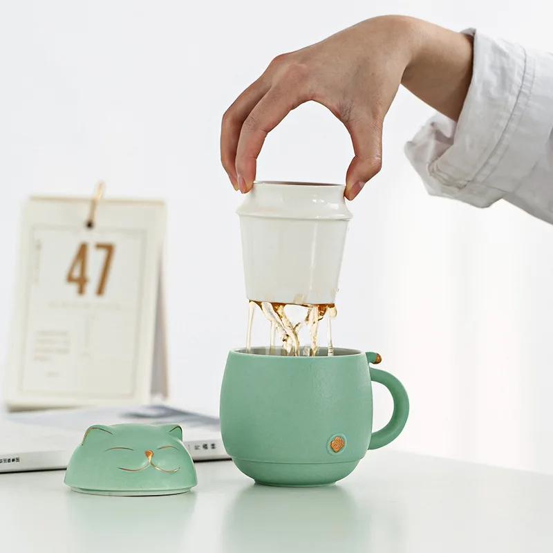 111ML Tazza da Tè Portatile Set da Viaggio per Viaggio di Lavoro Portare Tazza per Acqua Filtro Utensili per Infusione Rapida Articoli da Tavola Gatto Portafortuna