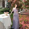 Spice Girl Sexy Design Purple Long Dress Waist Tube Top Hanging Neck Sling Slanted Shoulder Big Swing Dress Women's Summer