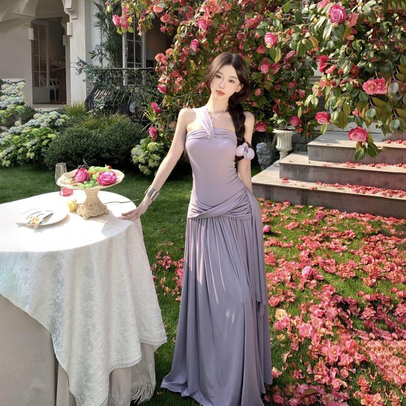 Spice Girl Sexy Design Purple Long Dress Waist Tube Top Hanging Neck Sling Slanted Shoulder Big Swing Dress Women's Summer