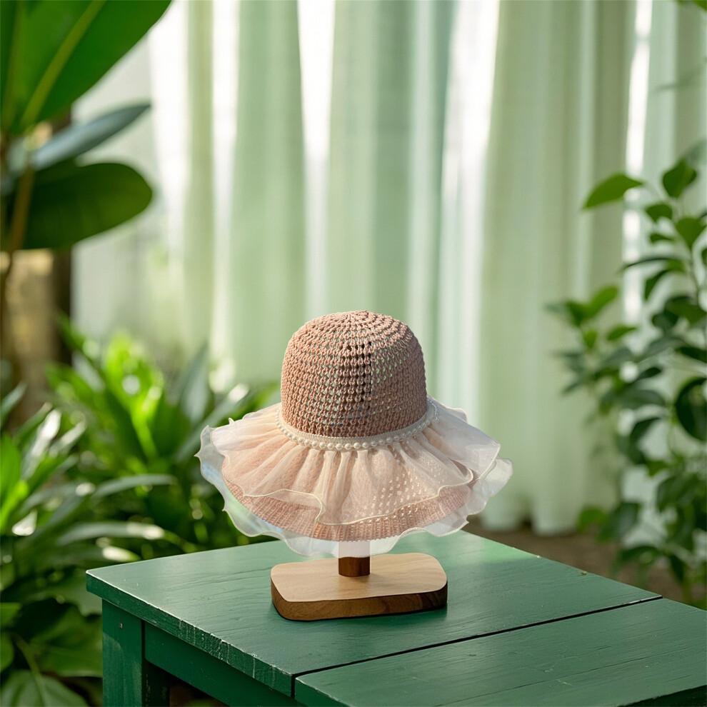 (One Size, Pink) Women's Woven Sun Hats Outdoor Fashionable Mesh Pearl Wide Brim Sun Protection Beach Hat
