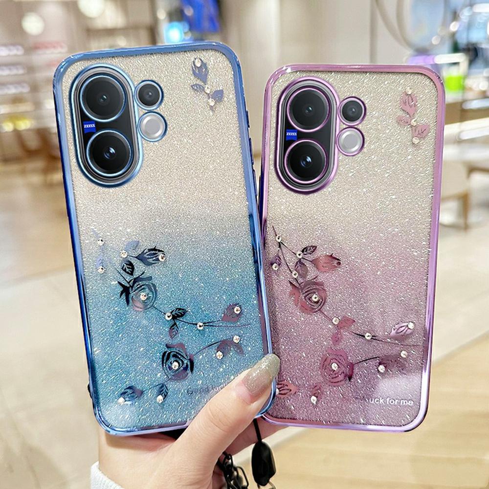 For Vivo V60 5G Case Flower Pattern TPU Gradient Phone Cover with Lanyards