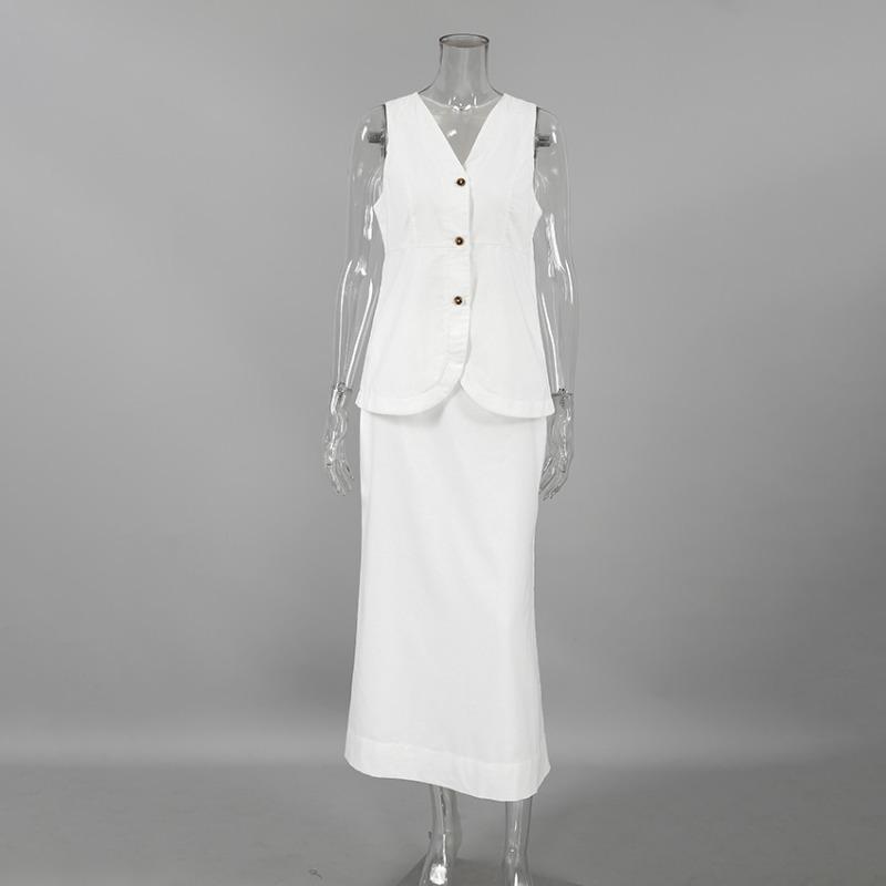 

Весна-лето Тонкий белый хлопковый комплект из двух предметов для женщин 2025 Элегантные топы без рукавов с высокой талией Длинные юбки Комплекты женские L белый