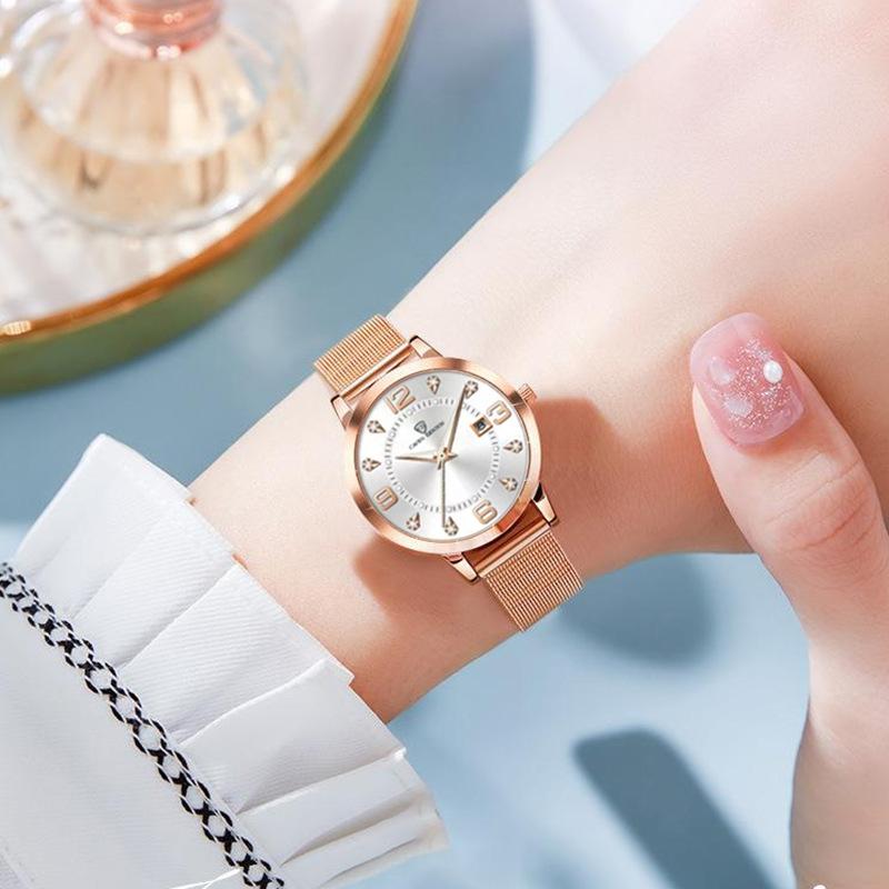 Women's Luminous Waterproof Korean-Style Fashion Watch with Mesh Strap and Date Display