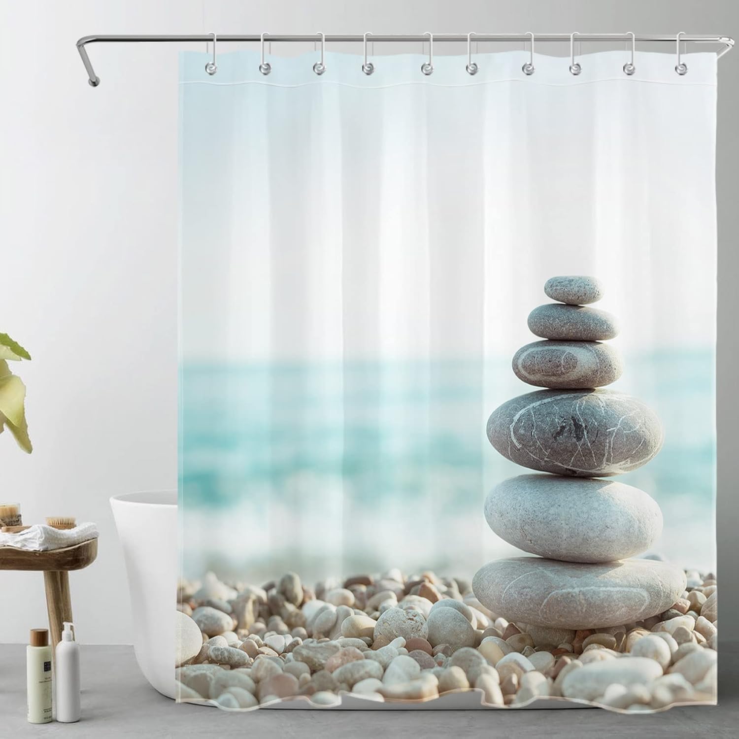 

Zen Stone Shower Curtain, Japanese Zen Theme Bathroom Curtain Asian Beach Ocean Spa Shower Curtains for Bathroom with Hooks 90x180CM
