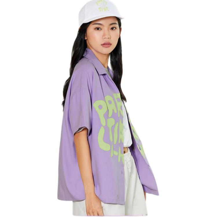 Li-Ning Summer Party Graffiti Tie-Dye Letter Print Casual Short Sleeve Shirt Women Shirts Purple ASHS888-1