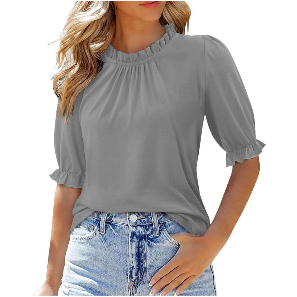 New Women's Solid Color Button Crew Neck Medium Sleeve Pleated Top