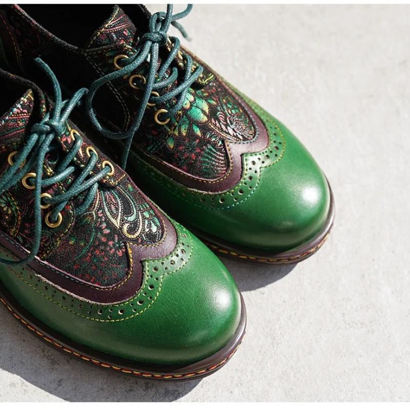 Johnature Pumps Women's Shoes Genuine Leather Lace-up Retro Round Toe Versatile Low Heels Shoes