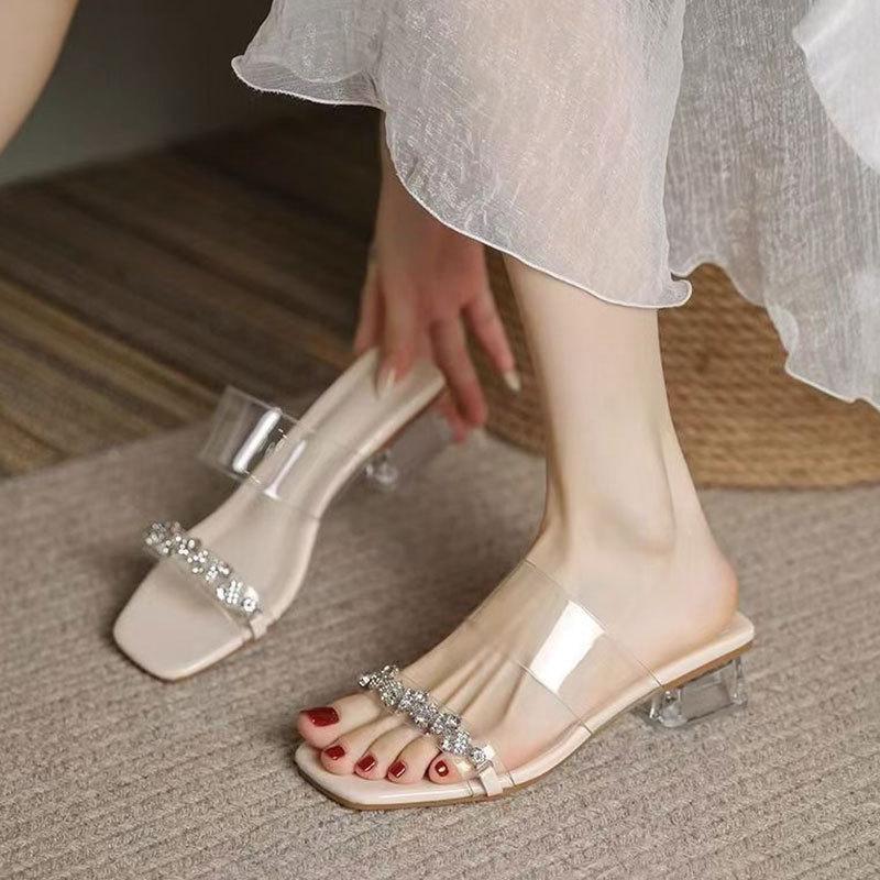Cool slippers women's outer wear 2025 summer new thick heel rhinestone fairy wind with skirt crystal transparent middle heel slippers