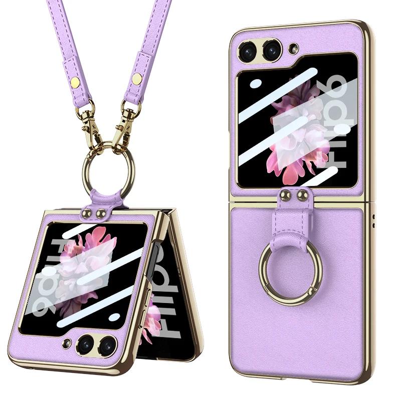 Luxury Plating Leather Shoulder Strap Case For Samsung Galaxy Z Flip 6 Screen Glass Ring Holder Cover For Galaxy Z Flip 5 Cases