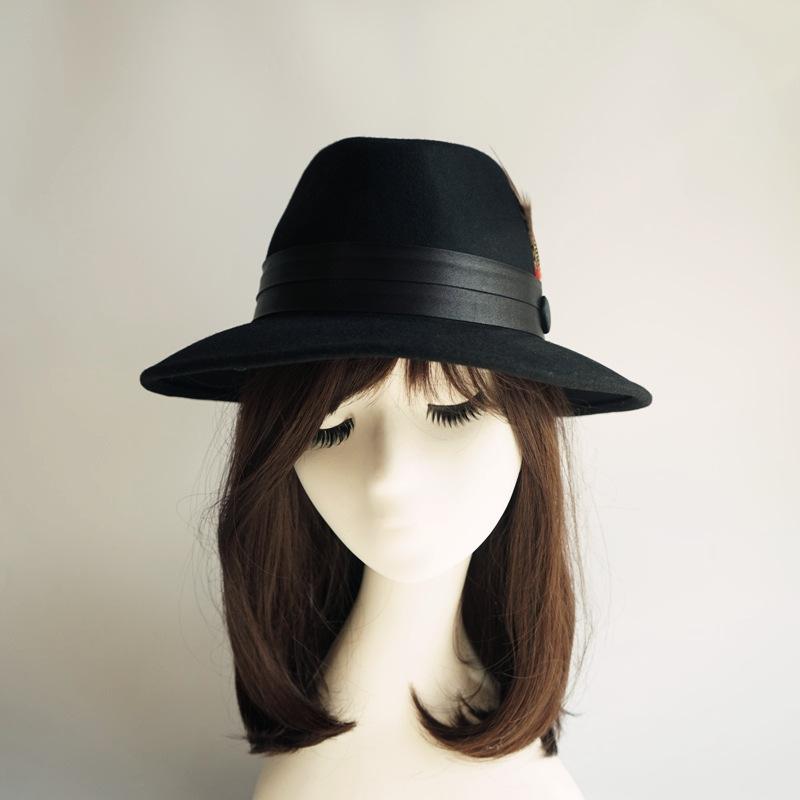 Europe And The United States Export Foreign Trade Feather Black Woolen Jazz Top Hat Men And Women Autumn And Winter Panama Gentleman Felt Hat