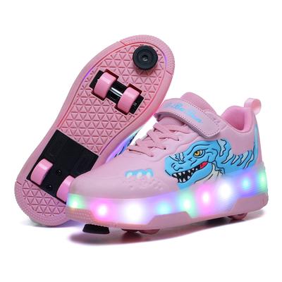 Chaussures à roulettes LED pour enfants Chaussures de patinage à roulettes à quatre roues avec roues à frein Patins à roulettes lumineux Chaussures de skateboard décontractées