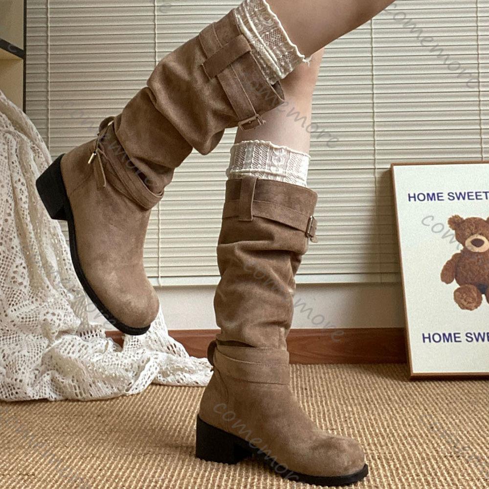 Comemore Plateforme Talon Épais Femmes Bottes Western Cowboy à Enfiler Pliées Pile Bottines Longues Chaussures Féminines Automne Hiver