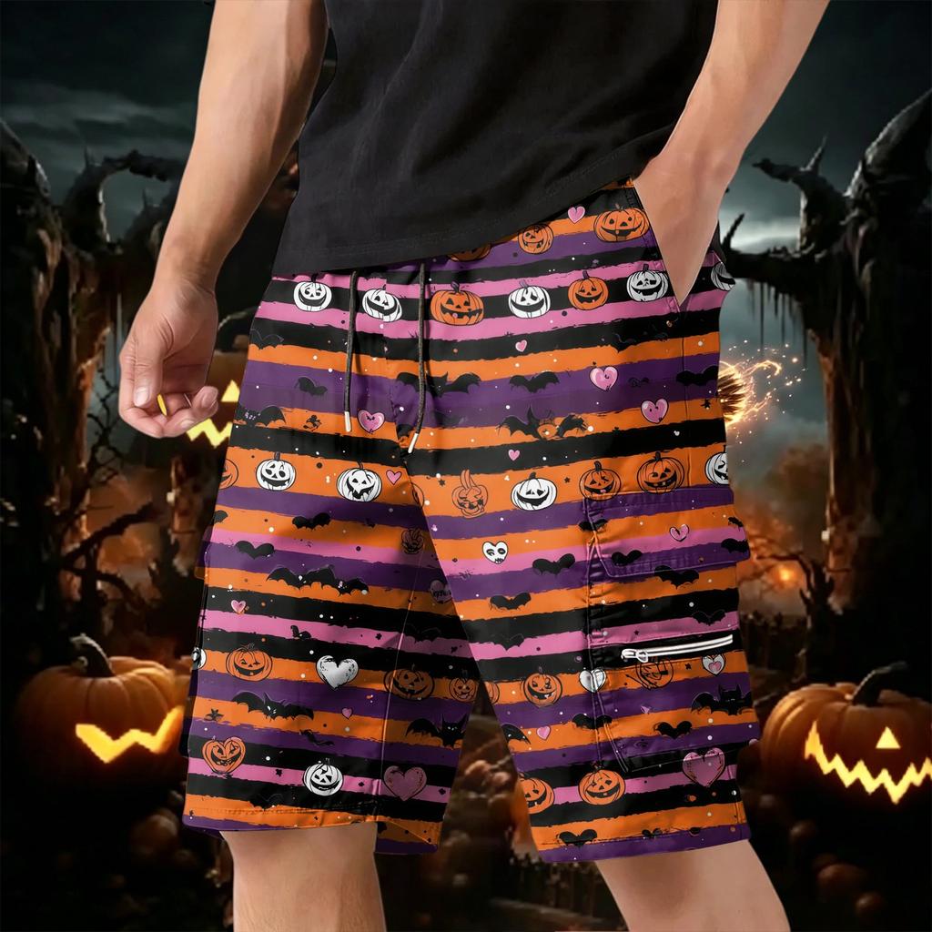 Mens Halloween Drawstring Cargo Shorts Multi Pocket Loose Fit Bat Print Web Pattern Casual Shorts for Daily Wear