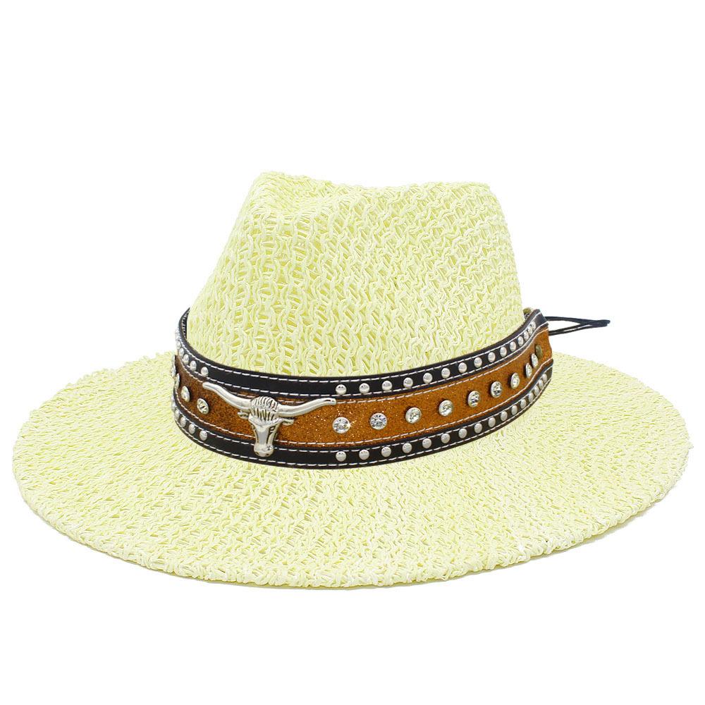 Premium new bull head rivet decorative cowboy hat women's outdoor travel visor hat hollow design straw hat