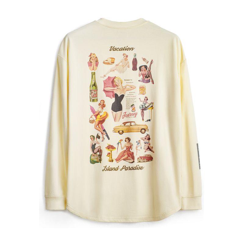 Madden Parka American Retro Print Long Sleeves T-shirt Loose Casual Pure Cotton round Neck Bottoming Shirt Tops Men's Autumn