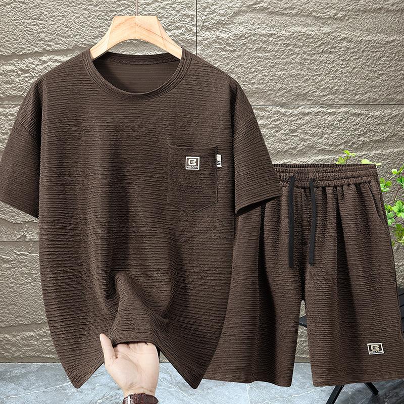 Men's Summer High-Stretch Plus Size Set Lightweight Breathable Crew Neck Pocket Short-Sleeve Top + Shorts Solid Color Two-Piece Set