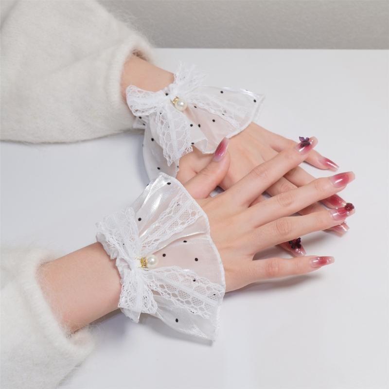 Elegant Lace Sleeves Wrist Cuffs with Artificial Pearls And Bowknot Decors For Daily Outfit Various Event Dressingup
