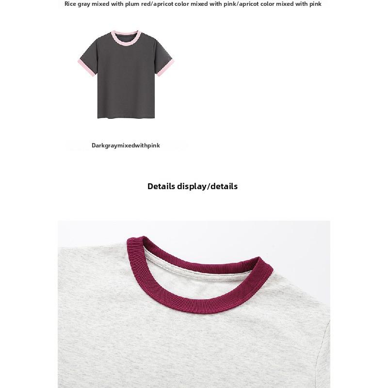 Heavyweight color-blocked round-neck women's simple versatile short-sleeve T-shirt, regular shoulder, cropped slim-fit top