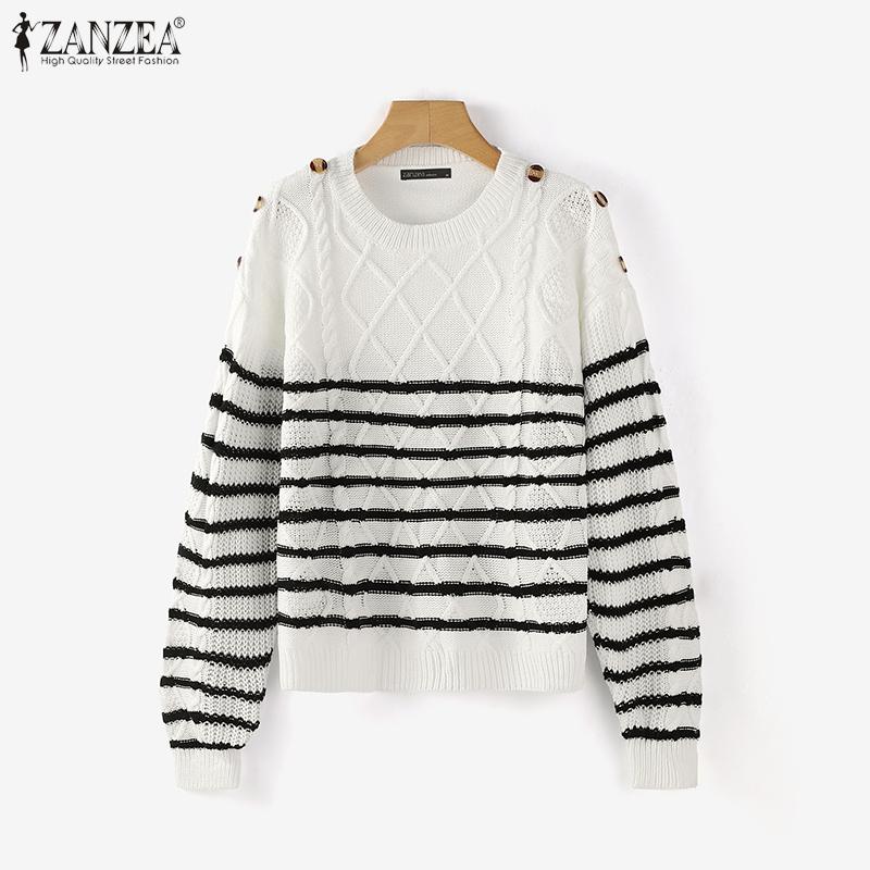 ZANZEA Autumn Women O Neck Long Sleeve Striped Texture Casual Knitted Sweaters Jumpers