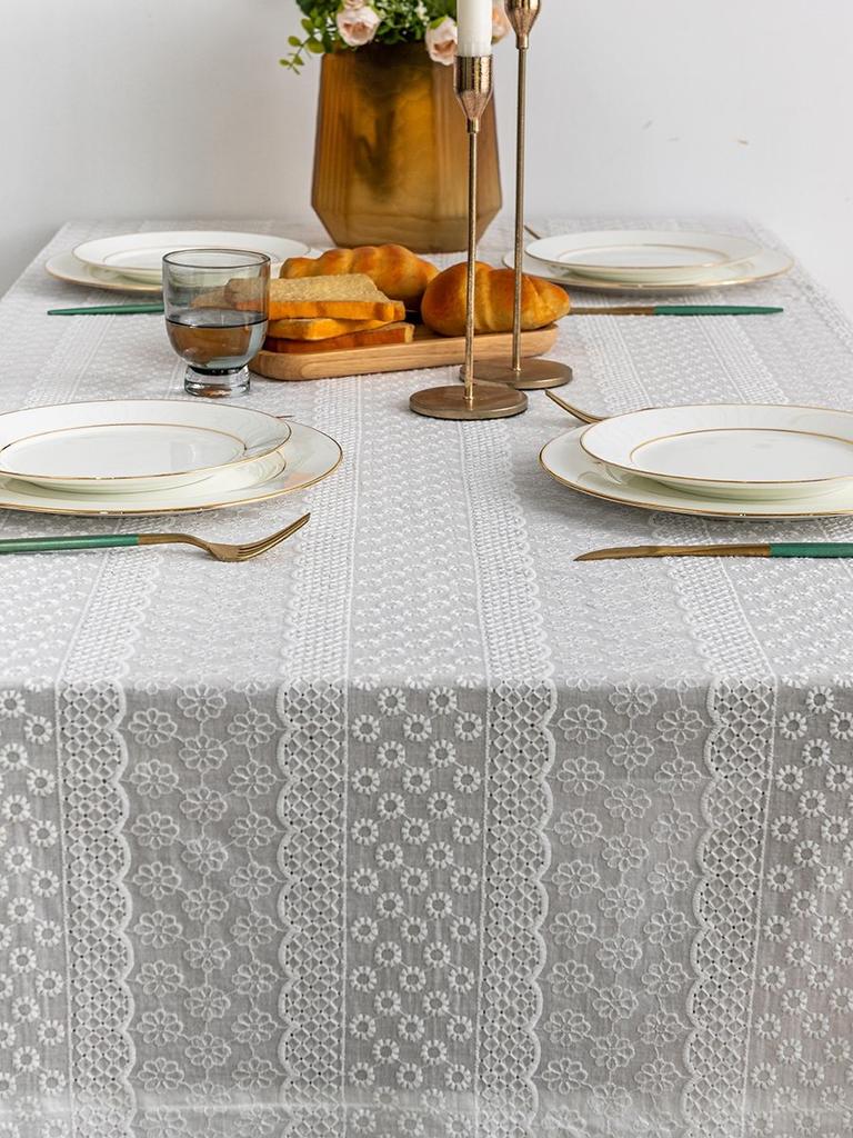 Cotton French Embroidery White Tablecloth,Tea Table Decoration,Rectangle Table Cover For Kitchen Wedding Dining Room