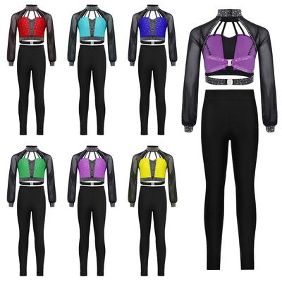 Girls Figure Skating Outfit Mock Neck Mesh Long Sleeve Strappy Back Crop Top Leggings Set