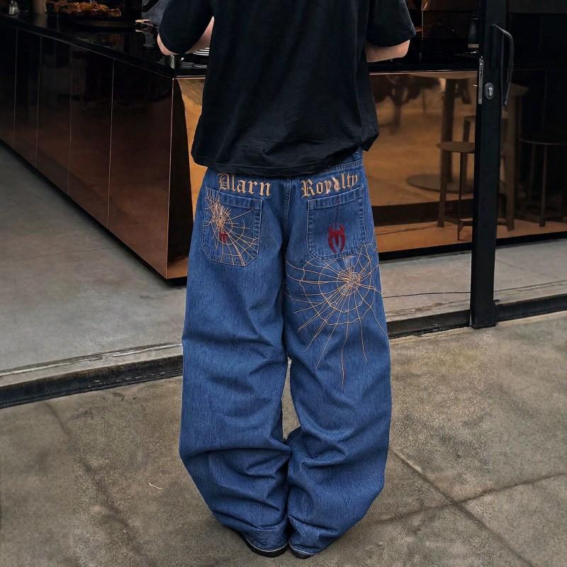 Womens Loose Fit Straight Leg Jeans Spider Print Back Pockets Mid Waist Casual Denim Pants