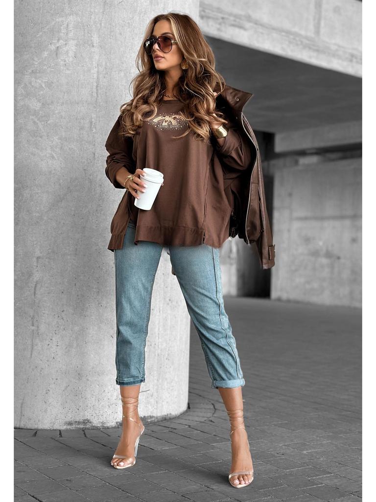 European & American Style Women's Autumn Round Neck Rhinestone Long-Sleeve Sweatshirt