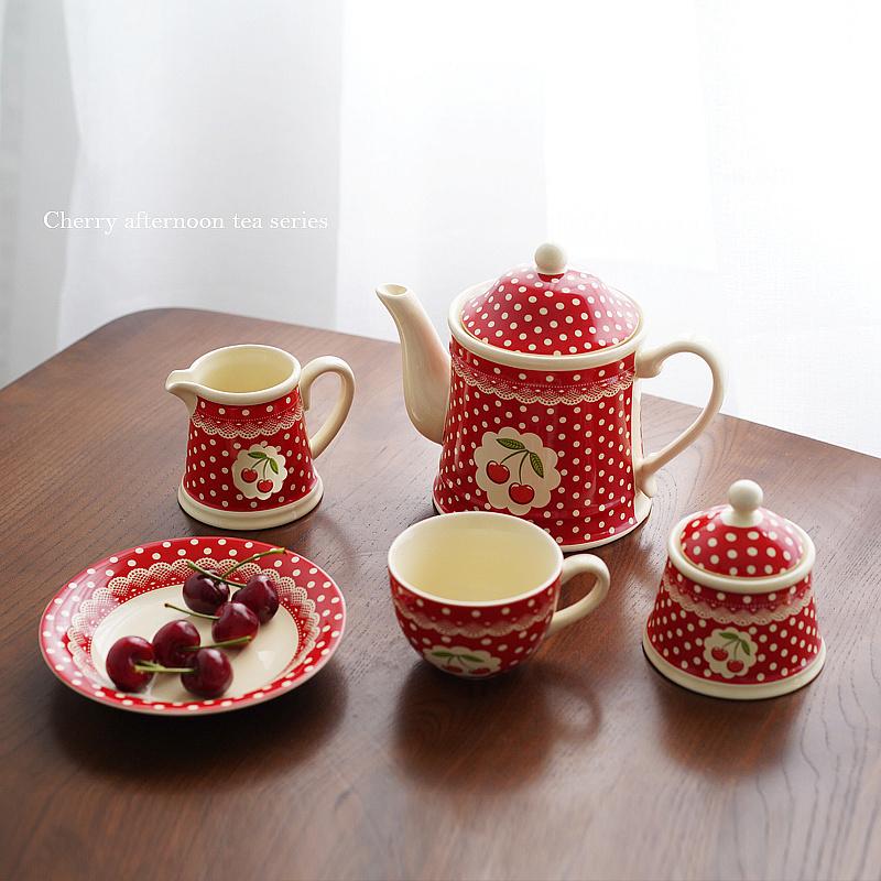 Ceramic England Polka Dot Cherry Printing Teaware Set Afternoon Tea Set Service Coffee Set Coffee Tea Cup Pot Jar