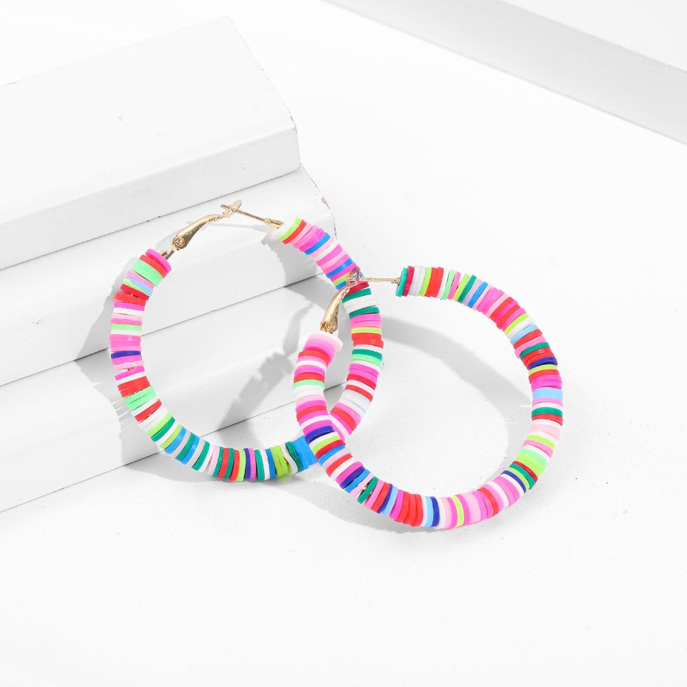 Bohemian Colorful Disc Polymer Clay Beads Hoop Earrings for Women Oversized Circle Ear Buckle Summer Earrings Beach Jewelry